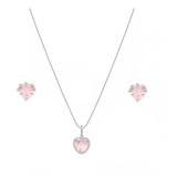 Conjunto Colar Brinco Prata 925 Coração Cor Quartzo Rosa