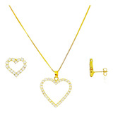 Conjunto Colar Brinco Pulseira Feminino Banho Ouro 18k Duplo