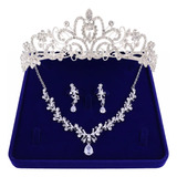 Conjunto Colar Brinco Tiara Joia Para Noiva Prata Zirconia 