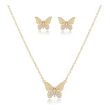 Conjunto Colar E Brinco Borboleta Zircônia Folheado Ouro 18k