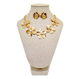 Conjunto Colar E Brinco Flor Orgânica Martelado Folheado 