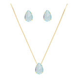 Conjunto Colar E Brinco Gota Pedra Azul Claro Folheado Ouro