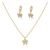 Conjunto Colar E Brinco Laço Delicado Folheado Ouro 18k