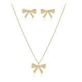 Conjunto Colar E Brinco Laço Liso Semijoia Folheado Ouro 18k