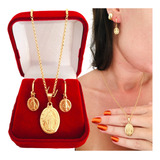 Conjunto Colar E Brinco Medalha N Senhora Das Graças Banhada