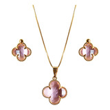 Conjunto Colar E Brinco Trevo Banho Ouro 18k Verniz Italiano