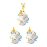 Conjunto Colar E Brinco Unicórnio Infantil Banhado A Ouro