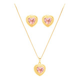Conjunto Colar E Brinco Zircônia Coração Folheado A Ouro 18k