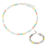 Conjunto Colar Pulseira Cristais Colorido Prata