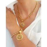 Conjunto Colar Pulseira Elo Português Arvore Da Vida Folhead