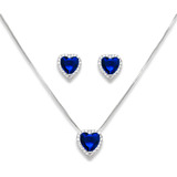 Conjunto Coração Azul Safira Zircônia Cristal Banhado Prata