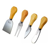 Conjunto Cortar Queijo Inox Cabo Madeira Garfo Faca Espátula