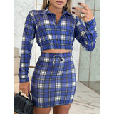 Conjunto Cropped Colarinho Manga Longa E Saia Colada Xadrez