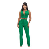Conjunto Cropped Zíper E Calça Pantalona Com Bolso