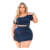 Conjunto Curto Plus Size Short Saia Cropped Decote Oferta