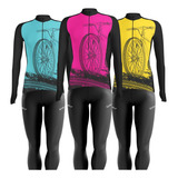 Conjunto De Ciclismo Bike Kit Feminino Manga Longa Calça Gel