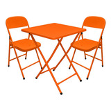 Conjunto De Mesa De Bar C/ 2 Cadeiras Dobráveis Em Aço Ferro Cor Laranja