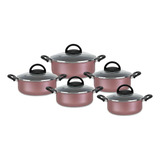 Conjunto De Panela Caçarola 5 Peças Antiaderente Teflon Cor Rosa Tampa De Vidro