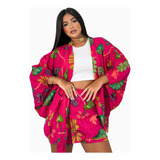 Conjunto Estampado Kimono Short Saia Envelope Cores Florais
