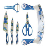Conjunto Facas Kit Decorada 6 Pcs Floral Tesoura Descascador