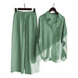 Conjunto Feminino De Camisa E Calça De Linho De Algodão