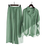 Conjunto Feminino De Camisa E Calça De Linho De Algodão