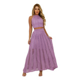 Conjunto Feminino Saia Longa + Cropped Rendado Tricô Crochê