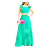 Conjunto Feminino Saia Plissada Cropped Alça Babado Com Bojo
