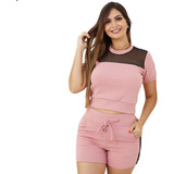 Conjunto Feminino Short E Blusa Com Arrastao Manga Curta