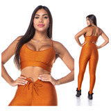 Conjunto Fitness Top + Calça Legging Canelado Roupa Academia