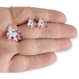 Conjunto Infantil Colar Brinco Unicórnio Bijuteria Corrente