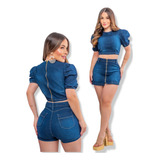 Conjunto Jeans Feminino Blusa Manga Princesa