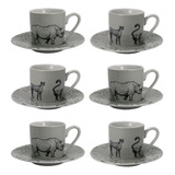 Conjunto Jogo Kit Café Porcelana 12 Peças Com Pires 80ml Cor Cinza Selva