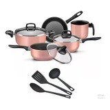 Conjunto Jogo Panelas Teflon Antiaderente Tampa De Vidro Cor Rosa Imperial