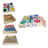 Conjunto Jogos 4x1 Dama Dominó Ludo Trilha Caixa Em Madeira