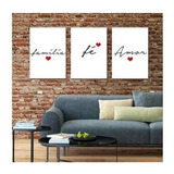 Conjunto Kit 3 Quadros Amor Família Fé Sala Mdf 20x30