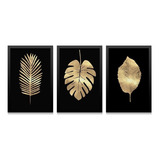 Conjunto Kit 3 Quadros P/ Sala Arte Folhas Douradas Grande