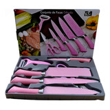 Conjunto Kit De Facas Cozinha Churrasco Chef 6pcs Inox Rosa