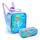 Conjunto Lancheira Termica Escolar Com Estojo Duplo Frozen Cor Azul-celeste Frozen Elza