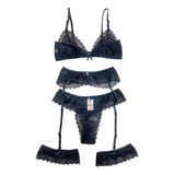 Conjunto Lingerie Cinta Liga Completo Sexy Luxo Renda Sutiã