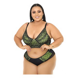 Conjunto Lingerie Cropped Em Renda-s/ Bojo Plus Size-sexy