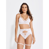 Conjunto Lingerie Sensual Luxo Cinta Liga Rendada Pingente