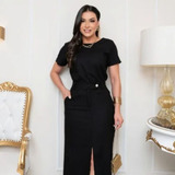 Conjunto Linho Com Elastano Blusa E Saia Com Fenda