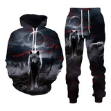 Conjunto Masculino Com Capuz Casual Com Estampa De Lobo 3d