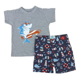 Conjunto Mauricinho Camisa Tubarão Bermuda Bebê Menino 1 À 3