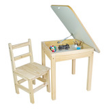 Conjunto Mesa Baú Organizadora + 1 Cadeira Madeira Infantil 