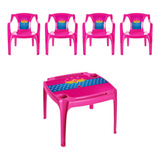Conjunto Mesa E 4 Mini Cadeira Poltrona Infantil Com Label