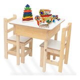 Conjunto Mesa Infantil 57x57cm Madeira Com 2 Cadeiras C/ Baú