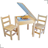 Conjunto Mesa Mesinha Bau De Madeira Com 2 Cadeiras Infantil