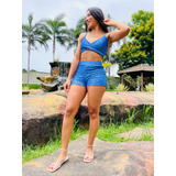 Conjunto Paete Cropped Bojos Short Solto Alças E Brilhante 